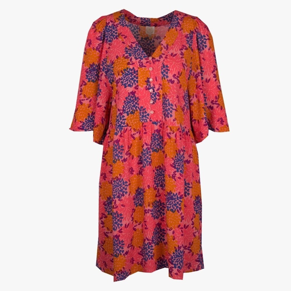 Des Petits Hauts Womens V-Neck Button Front Flutter Sleeve Dress 0 Pink Floral